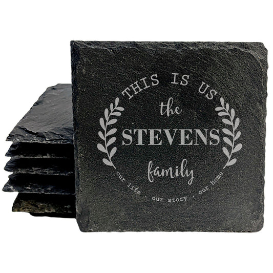 The Perfect Blend: Family Slate Coasters with "This is Us" Monogram