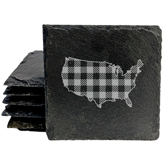 Rustic Slate Coasters Set of 4, Round 4" with USA Plaid Design, Perfect for Holidays, Birthdays, Housewarming Gifts, She-Shed or Man Cave, Made in Oregon, USA, Natural Chipped Edge, Rubber Feet