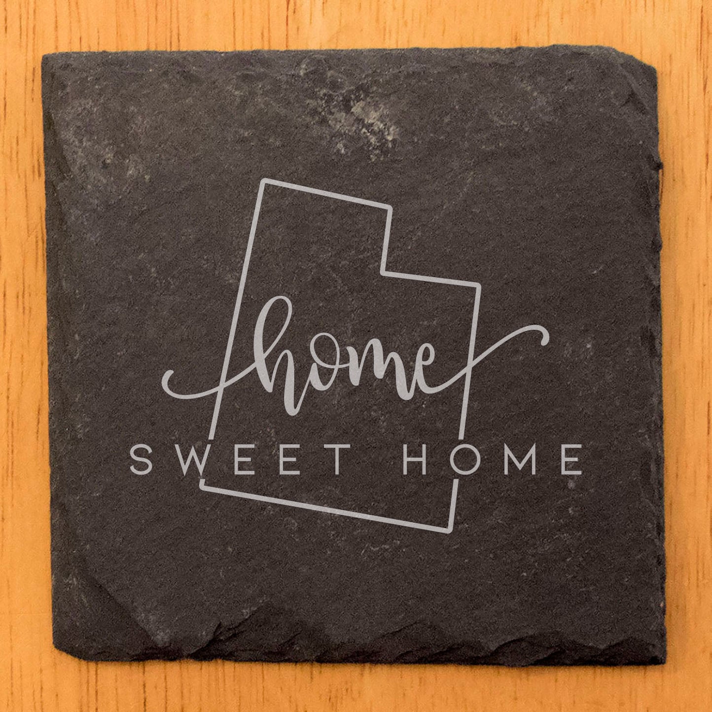 Rustic Slate Coasters Set of 4, Round 4" with 'Home Sweet Home' Utah Design, Perfect Gift for Holidays, Birthdays, Housewarming, She-Shed or Man Cave, Made in Oregon, USA, Natural Chipped Edge