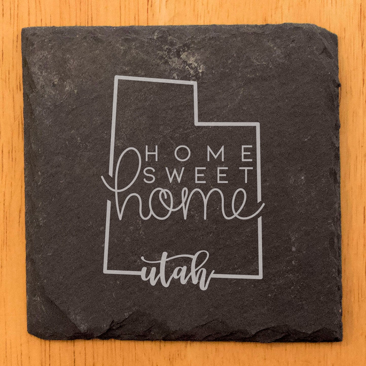 Rustic Slate Coasters Set of 4, Round 4" with Utah 'Home Sweet Home' Design, Laser Etched, Perfect for Holidays, Birthdays, Housewarming Gifts, Made in Oregon, USA, Natural Chipped Edge, Rubber Feet