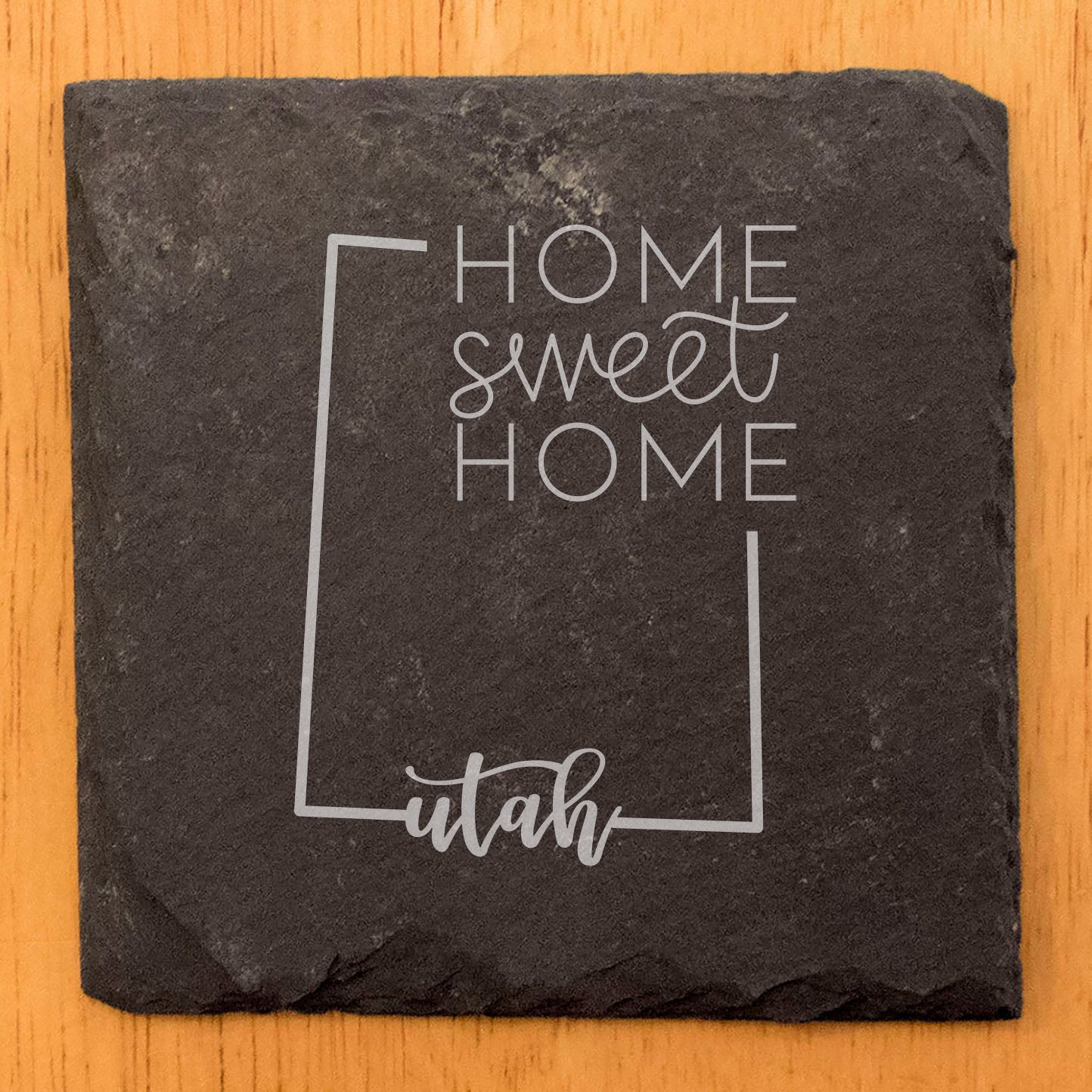 Rustic Slate Coasters Set of 4 - 4" Round with Utah State Design, 'Home Sweet Home' - Perfect Gift for Holidays, Birthdays, Housewarming - Made in Oregon, USA - Natural Chipped Edge, Rubber Feet