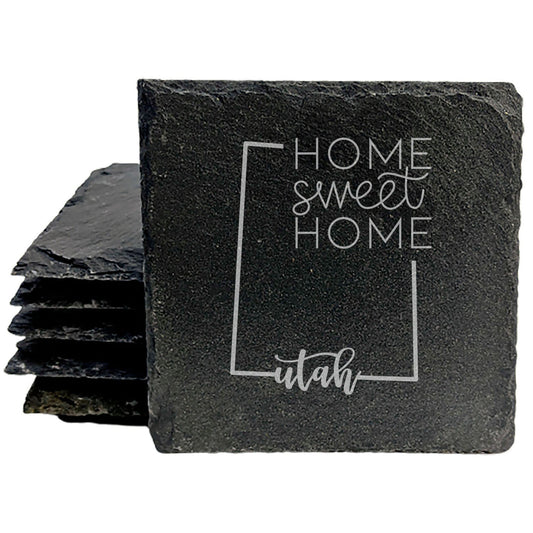 Rustic Slate Coasters Set of 4 - 4" Round with Utah State Design, 'Home Sweet Home' - Perfect Gift for Holidays, Birthdays, Housewarming - Made in Oregon, USA - Natural Chipped Edge, Rubber Feet