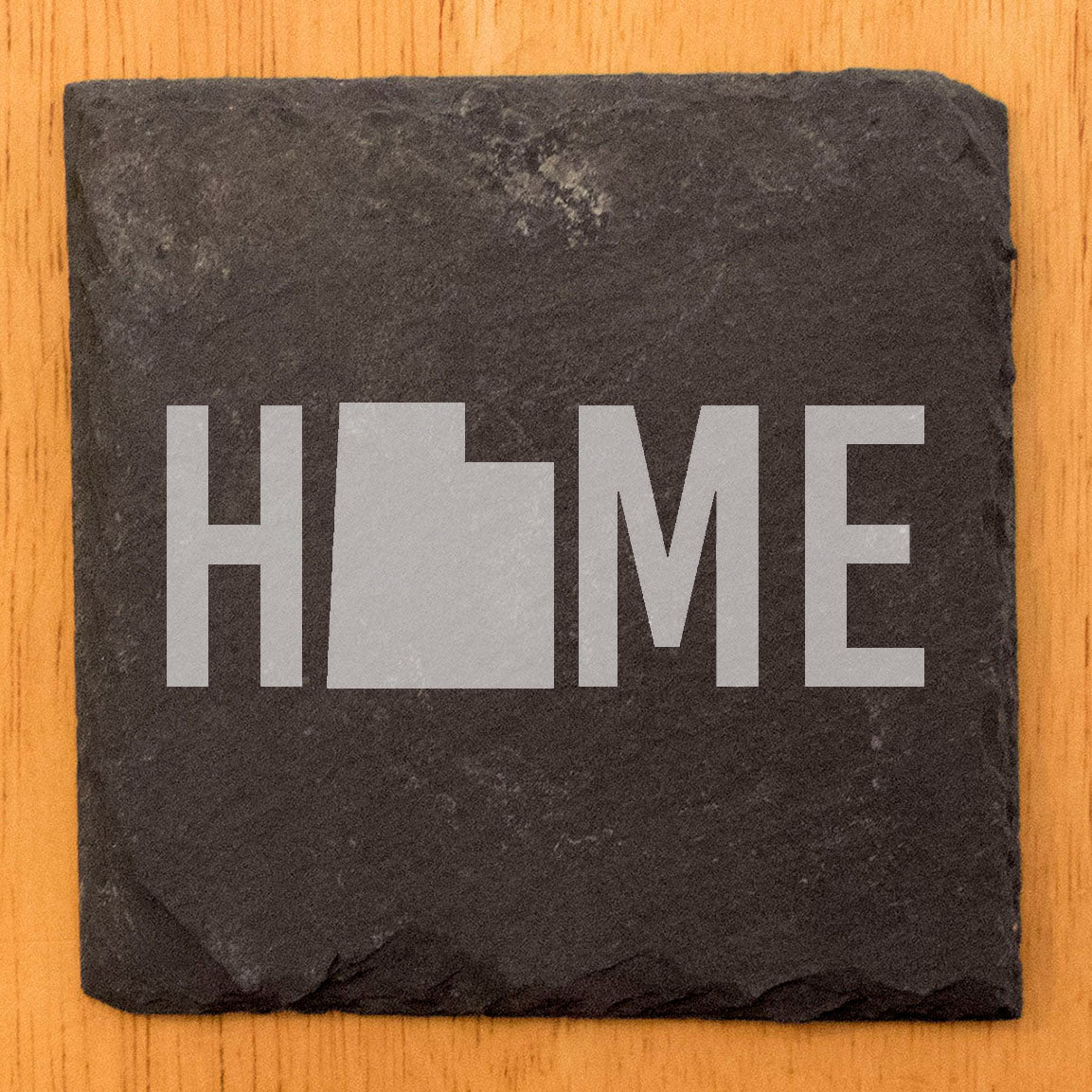 Rustic Slate Coasters Set of 4 - Laser Etched 'HOME' Design with Utah State Shape - Perfect Gift for Holidays, Birthdays, Housewarming - 4" Round, Natural Chipped Edge, Made in Oregon, USA