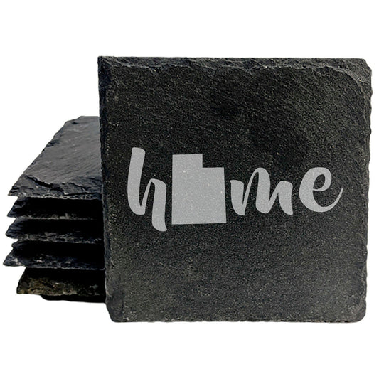 Rustic Slate Coasters Set of 4 - Laser Etched 'Home' Design with Utah State Shape - Perfect Gift for Holidays, Birthdays, Housewarming - 4" Round/Square - Made in Oregon, USA - Natural Edge