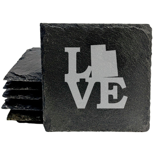 Rustic Slate Coasters Set of 4 - Laser Etched 'LOVE' Utah Design - Perfect Gift for Holidays, Birthdays, Housewarming - 4" Round, Natural Chipped Edge, Rubber Feet - Made in Oregon, USA