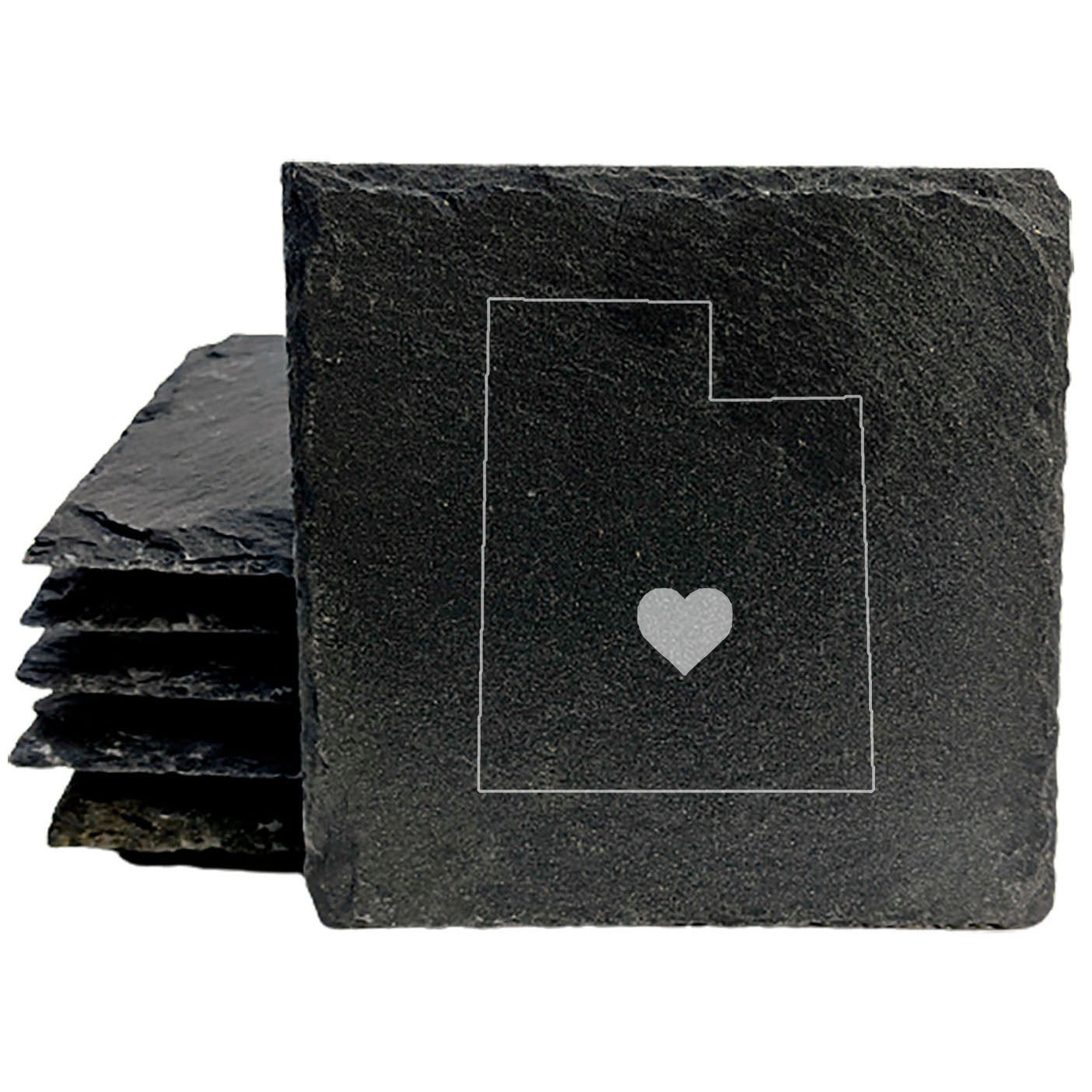 Rustic Slate Coasters Set of 4, Round 4" with Utah Heart Design, Laser Etched, Perfect for Holidays, Birthdays, Housewarming Gifts, She-Shed, Man Cave, Made in Oregon, USA, Natural Chipped Edge