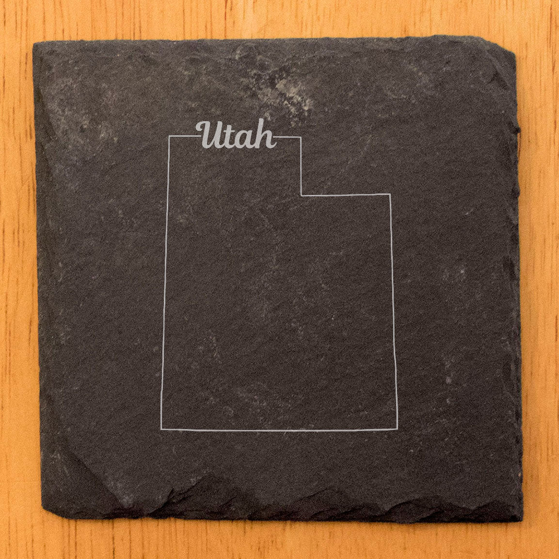 Rustic Slate Coasters Set of 4 - Laser Etched Utah Design, 4" Round, Natural Chipped Edge, Rubber Feet,  - Perfect for Holidays, Birthdays, Housewarming - Made in Oregon, USA