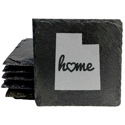 Rustic Slate Coasters Set of 4 - Utah 'Home' Design with Heart - 4" Round, Natural Chipped Edge, Rubber Feet - Perfect Gift for Holidays, Birthdays, Housewarming - Made in Oregon, USA