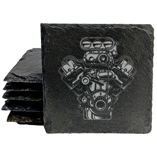 Rev Up Your Coffee Table with Laser-Etched V8 Engine Slate Coasters