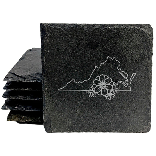 Rustic Slate Coasters Set of 4 - Virginia State Outline Design with Flower | 4" Round or Square | Natural Chipped Edge, Rubber Feet | Perfect Gift for Holidays, Birthdays, Housewarming | Made in USA