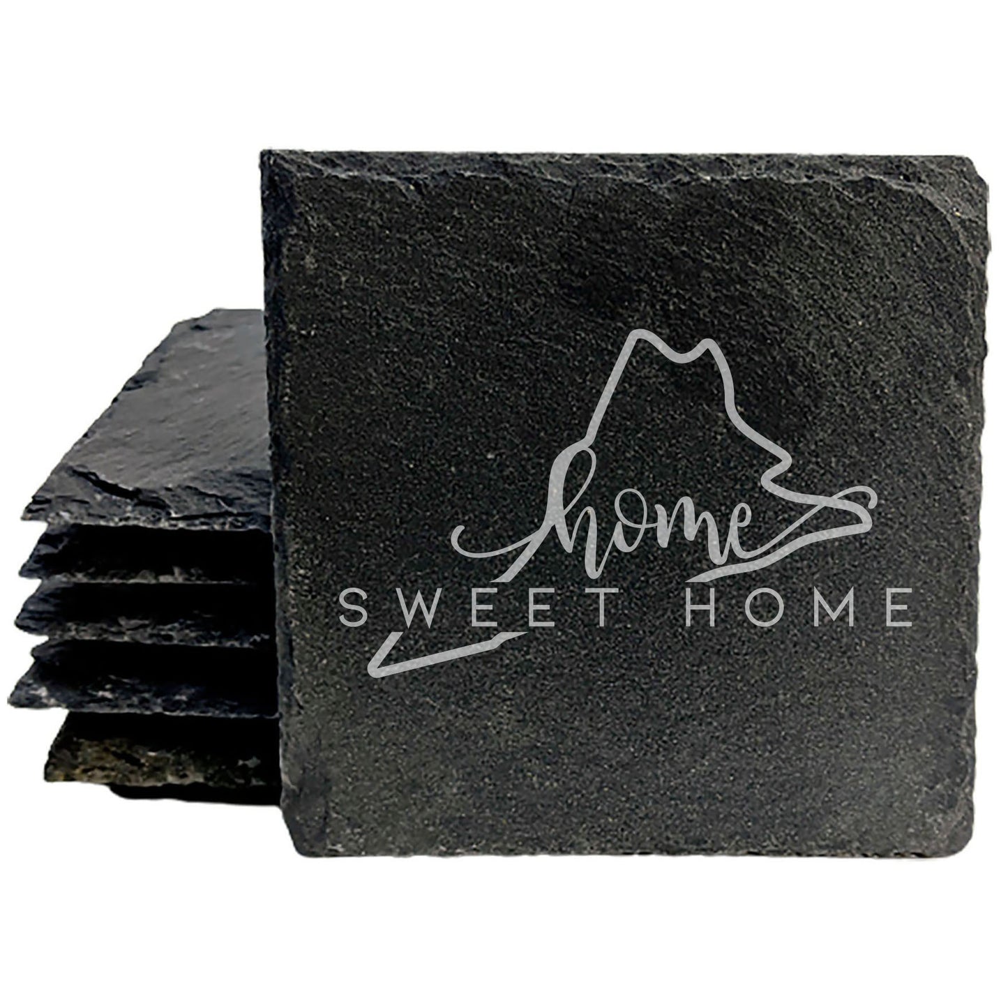 Rustic Slate Coasters Set of 4 - Virginia 'Home Sweet Home' Design, 4" Round, Natural Chipped Edge, Rubber Feet,  - Perfect for Holidays, Birthdays, Housewarming - Made in USA