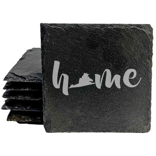 Rustic Slate Coasters Set of 4 - Laser Etched 'Home' Design with Virginia State - Perfect Gift for Holidays, Birthdays, Housewarming - 4" Round/Square - Made in Oregon, USA - Natural Chipped Edge