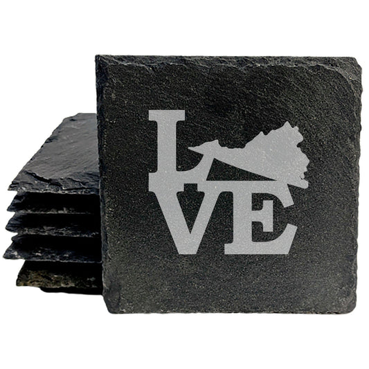 Rustic Slate Coasters Set of 4, Laser Etched 'LOVE' Design with Virginia State, 4" Round, Natural Chipped Edge, Rubber Feet, , Perfect for Holidays, Birthdays, Housewarming, USA Made
