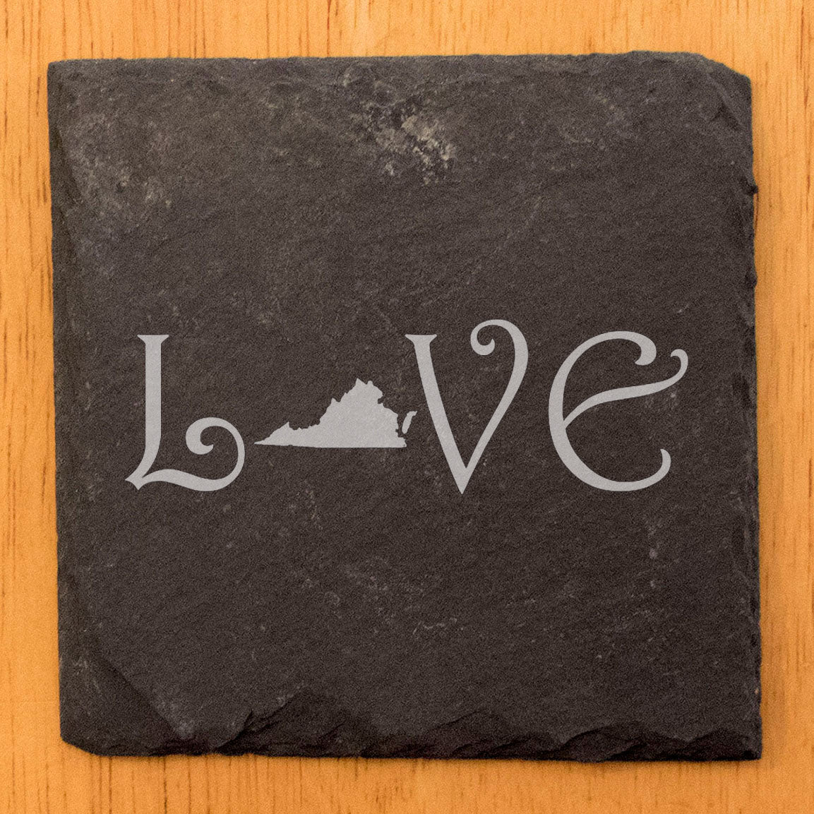 Rustic Slate Coasters Set of 4, Laser Etched 'LOVE' Design with Virginia State, 4" Square, Natural Chipped Edge, Rubber Feet, , Perfect for Holidays, Birthdays, Housewarming