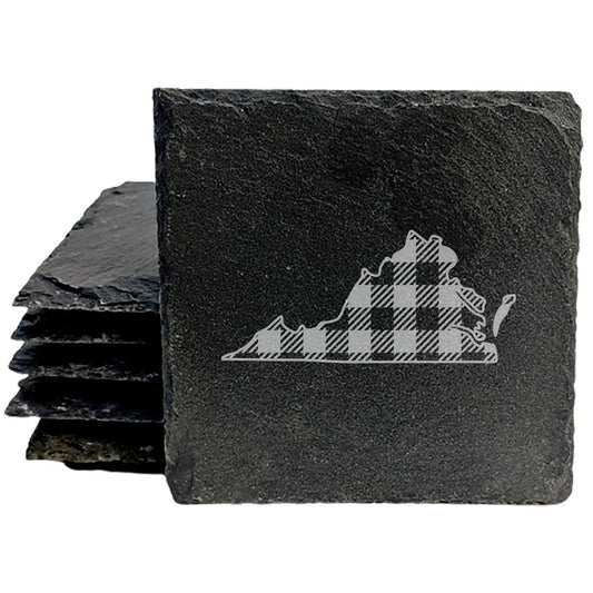 Rustic Slate Coasters Set of 4 - Virginia Plaid Design, 4" Round, Natural Chipped Edge, Rubber Feet,  - Perfect for Holidays, Birthdays, Housewarming - Made in Oregon, USA