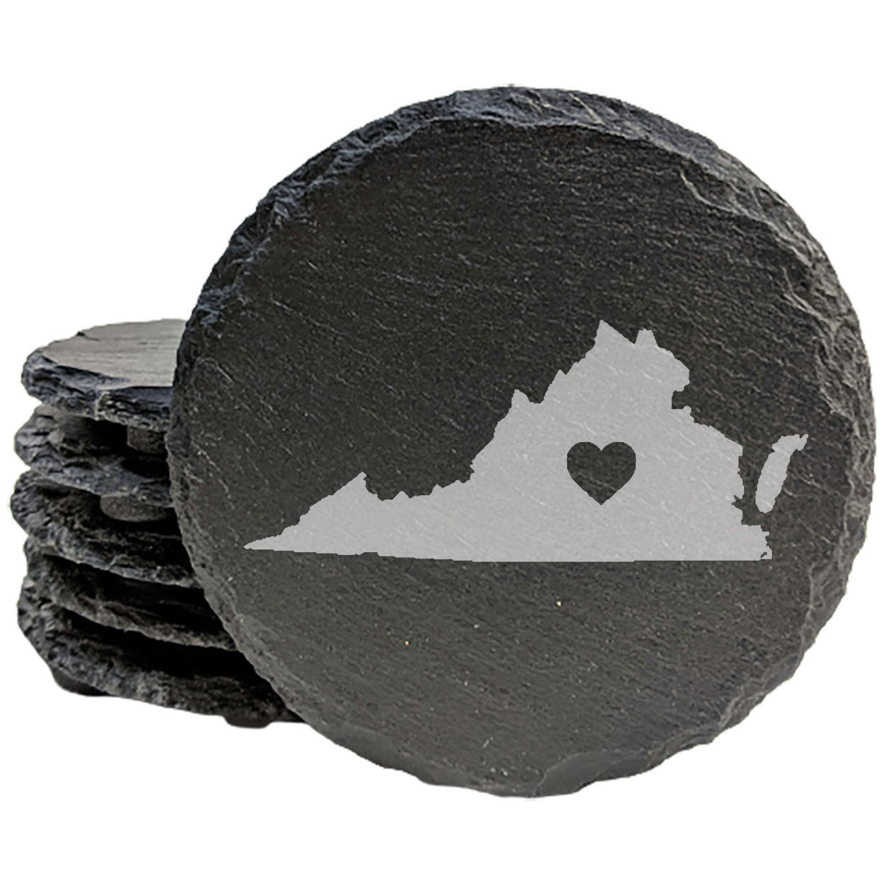 Rustic Slate Coasters Set of 4, Round 4" with Virginia Heart Design, Laser Etched, Perfect for Holidays, Birthdays, Housewarming Gifts, Made in Oregon, USA, Natural Chipped Edge, Rubber Feet