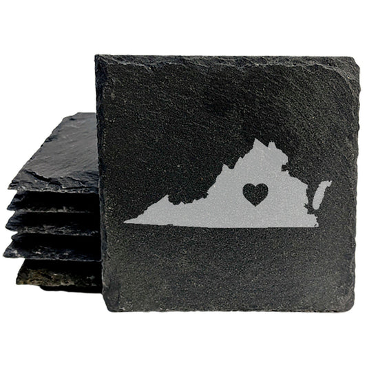 Rustic Slate Coasters Set of 4, Round 4" with Virginia Heart Design, Laser Etched, Perfect for Holidays, Birthdays, Housewarming Gifts, Made in Oregon, USA, Natural Chipped Edge, Rubber Feet