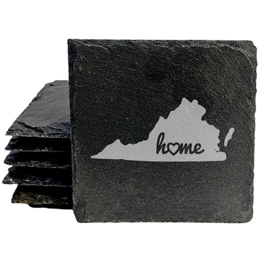 Rustic Slate Coasters Set of 4 - Virginia 'Home' Design, Heart Detail, 4" Round, Natural Chipped Edge, Rubber Feet,  - Perfect for Holidays, Housewarming, She-Shed, Man Cave - Made in Oregon, USA