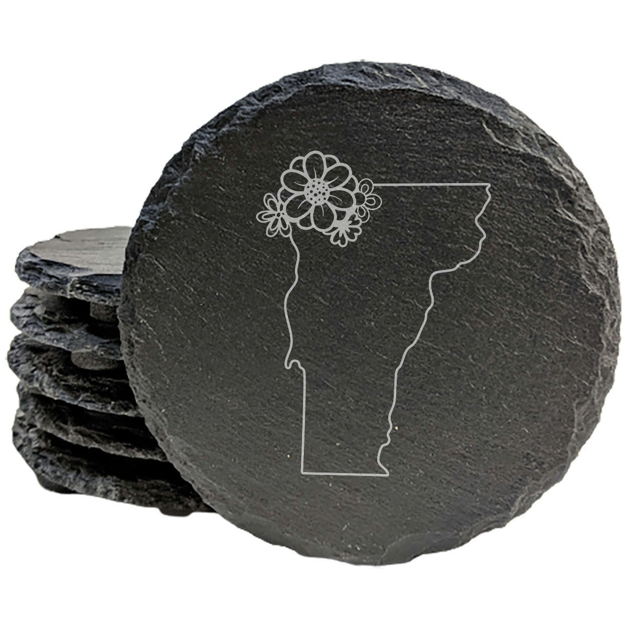 Rustic Slate Coasters Set of 4 - Vermont Design, 4" Round/Square, Natural Chipped Edge, Rubber Feet,  - Perfect for Holidays, Birthdays, Housewarming - Made in Oregon, USA