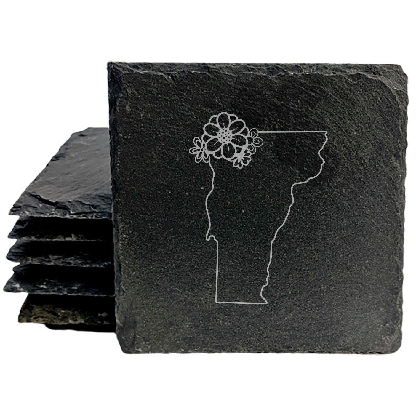 Rustic Slate Coasters Set of 4 - Vermont Design, 4" Round/Square, Natural Chipped Edge, Rubber Feet,  - Perfect for Holidays, Birthdays, Housewarming - Made in Oregon, USA