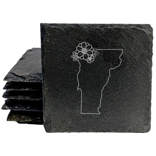 Rustic Slate Coasters Set of 4 - Vermont Design, 4" Round/Square, Natural Chipped Edge, Rubber Feet,  - Perfect for Holidays, Birthdays, Housewarming - Made in Oregon, USA