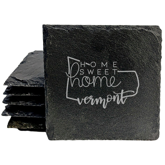 Rustic Slate Coasters Set of 4, Laser Etched Vermont Design, 4" Round, Natural Chipped Edge, Rubber Feet, Perfect for She-Shed, Man Cave, Gifts for Holidays, Birthdays, Housewarming, Made in USA