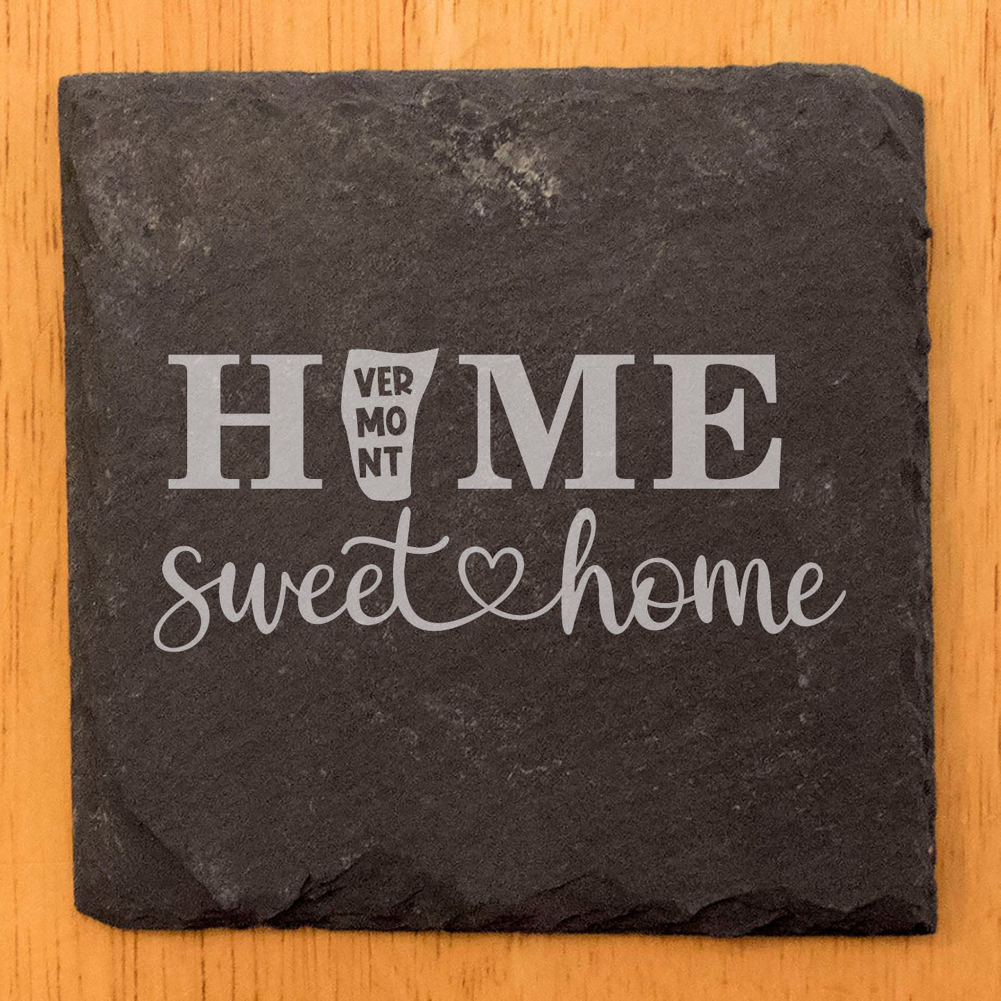 Rustic Slate Coasters Set of 4, Round 4" with 'HOME SWEET HOME' Vermont Design, Perfect for Holidays, Birthdays, Housewarming Gifts, She-Shed, Man Cave, Made in Oregon, USA, Natural Chipped Edge