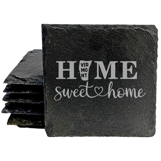 Rustic Slate Coasters Set of 4, Round 4" with 'HOME SWEET HOME' Vermont Design, Perfect for Holidays, Birthdays, Housewarming Gifts, She-Shed, Man Cave, Made in Oregon, USA, Natural Chipped Edge