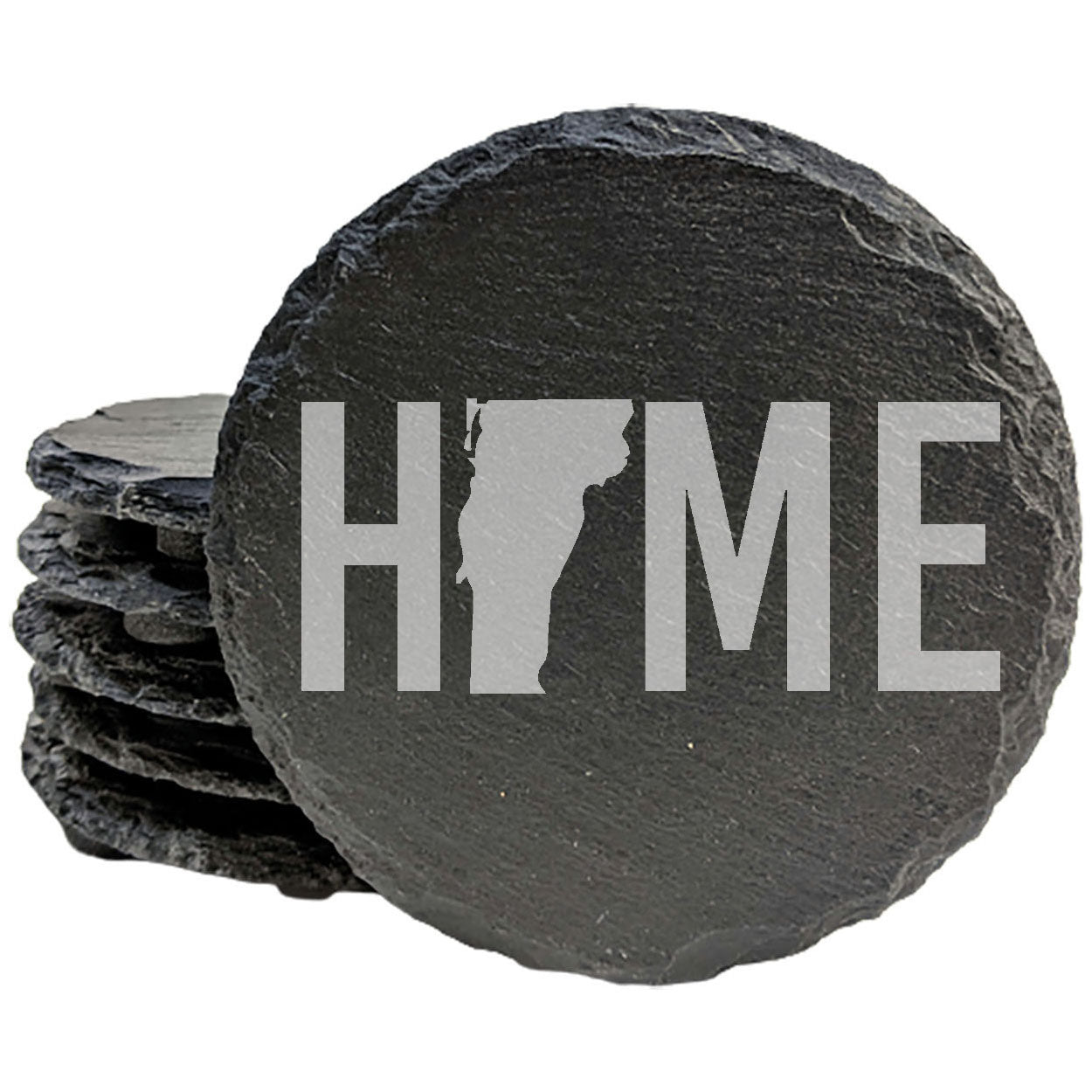 Rustic Slate Coasters Set of 4, Laser Etched 'HOME' Design with Vermont State, 4" Round, Natural Chipped Edge, Rubber Feet, Perfect Gift for Holidays, Birthdays, Housewarming, Made in USA