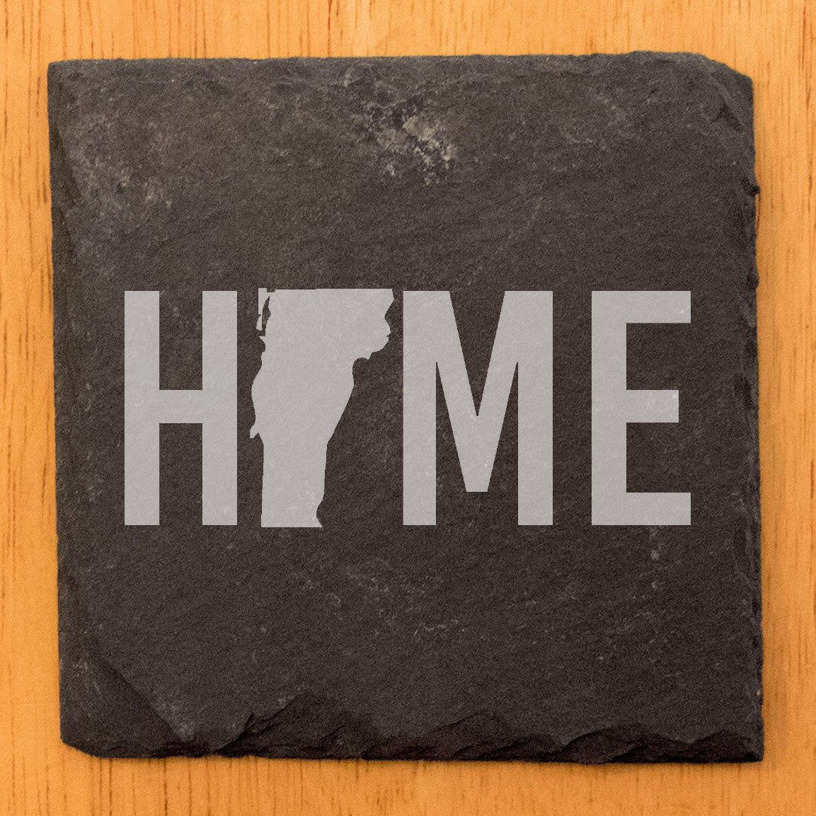Rustic Slate Coasters Set of 4, Laser Etched 'HOME' Design with Vermont State, 4" Round, Natural Chipped Edge, Rubber Feet, Perfect Gift for Holidays, Birthdays, Housewarming, Made in USA