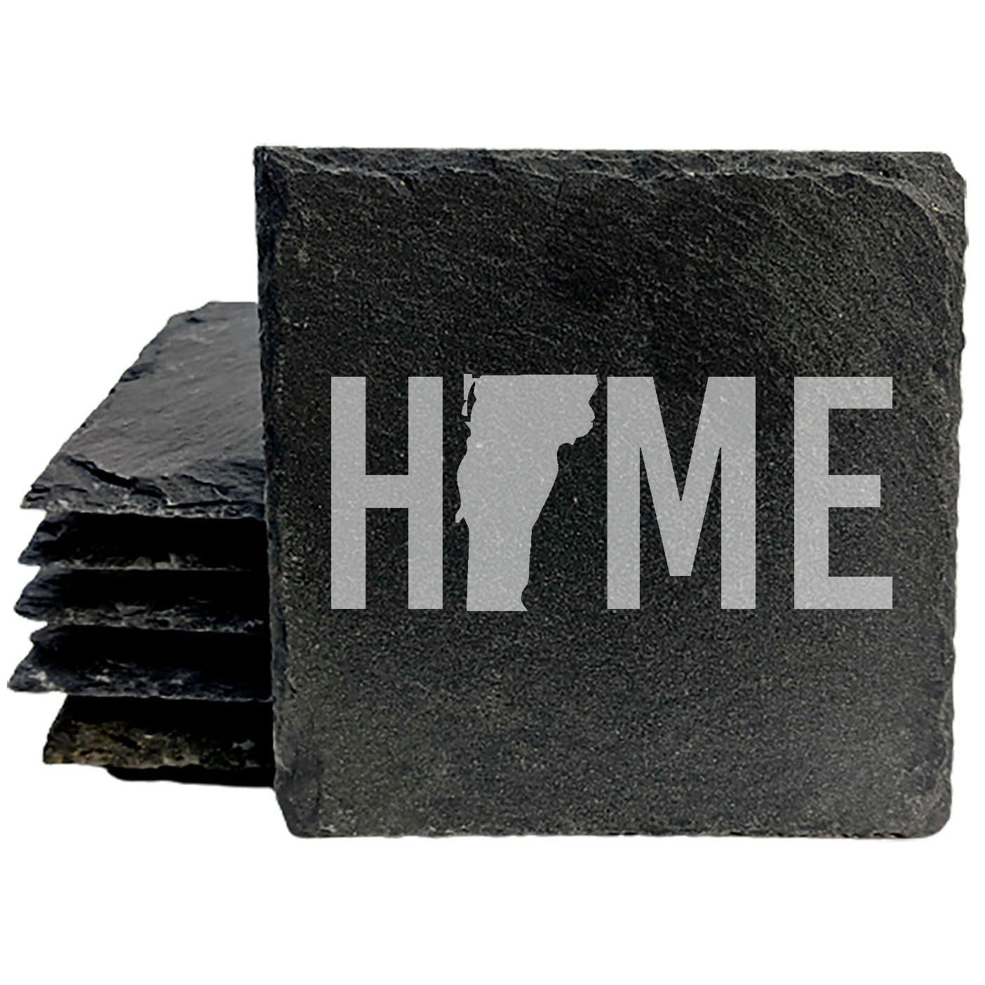 Rustic Slate Coasters Set of 4, Laser Etched 'HOME' Design with Vermont State, 4" Round, Natural Chipped Edge, Rubber Feet, Perfect Gift for Holidays, Birthdays, Housewarming, Made in USA