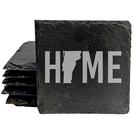 Rustic Slate Coasters Set of 4, Laser Etched 'HOME' Design with Vermont State, 4" Round, Natural Chipped Edge, Rubber Feet, Perfect Gift for Holidays, Birthdays, Housewarming, Made in USA