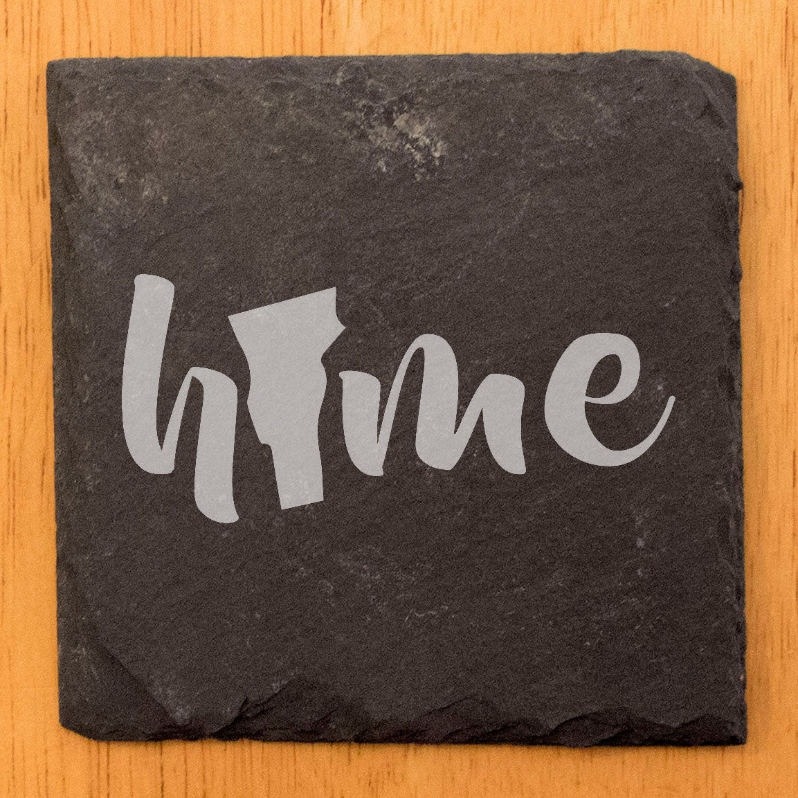 Rustic Slate Coasters Set of 4 - Laser Etched 'Home' Design with Vermont State - Perfect Gift for Holidays, Birthdays, Housewarming - 4" Round/Square - Made in Oregon, USA - Natural Chipped Edge