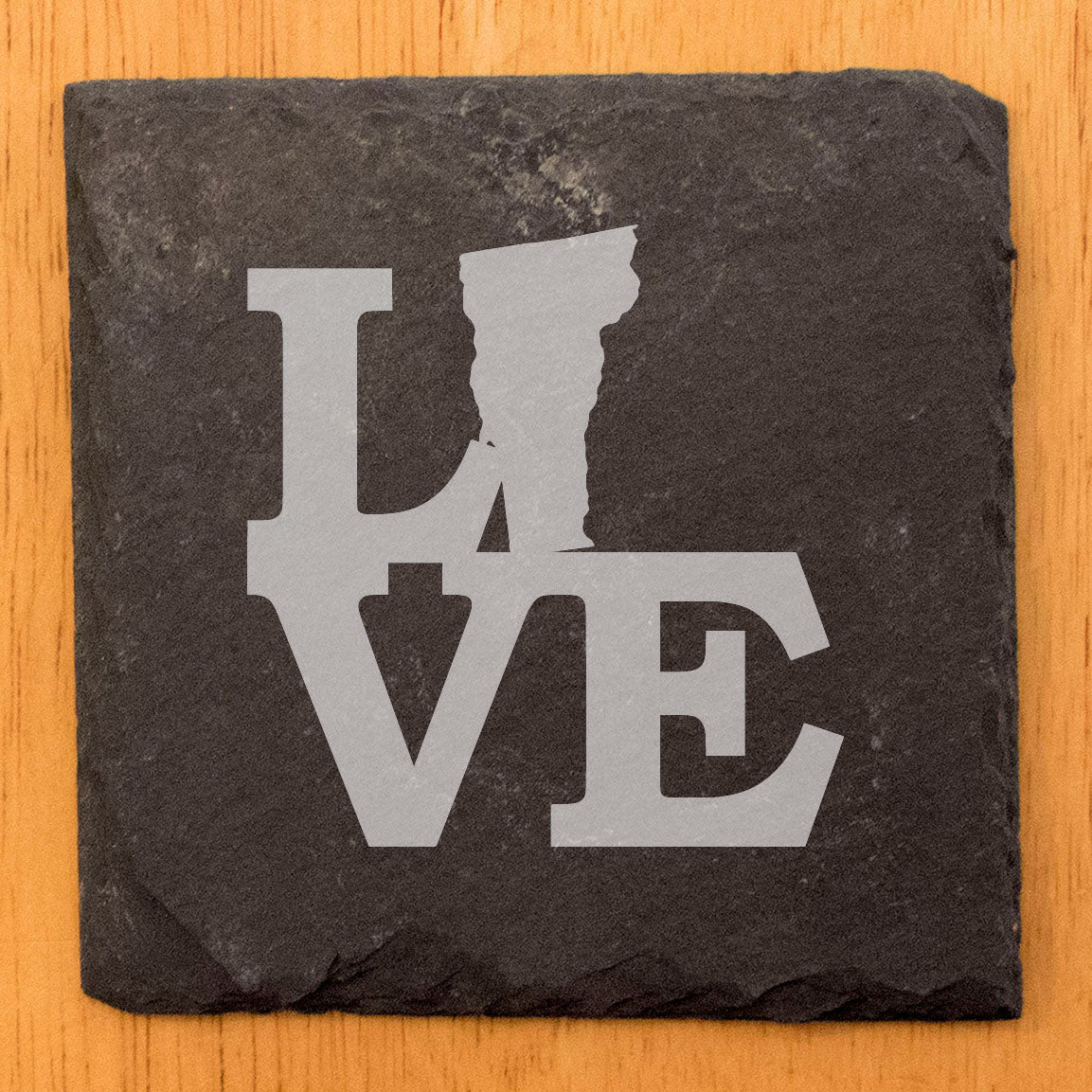 Rustic Slate Coasters Set of 4 - Laser Etched 'LOVE' Vermont Design - Perfect Gift for Holidays, Birthdays, Housewarming - 4" Round, Natural Chipped Edge, Rubber Feet - Made in Oregon, USA