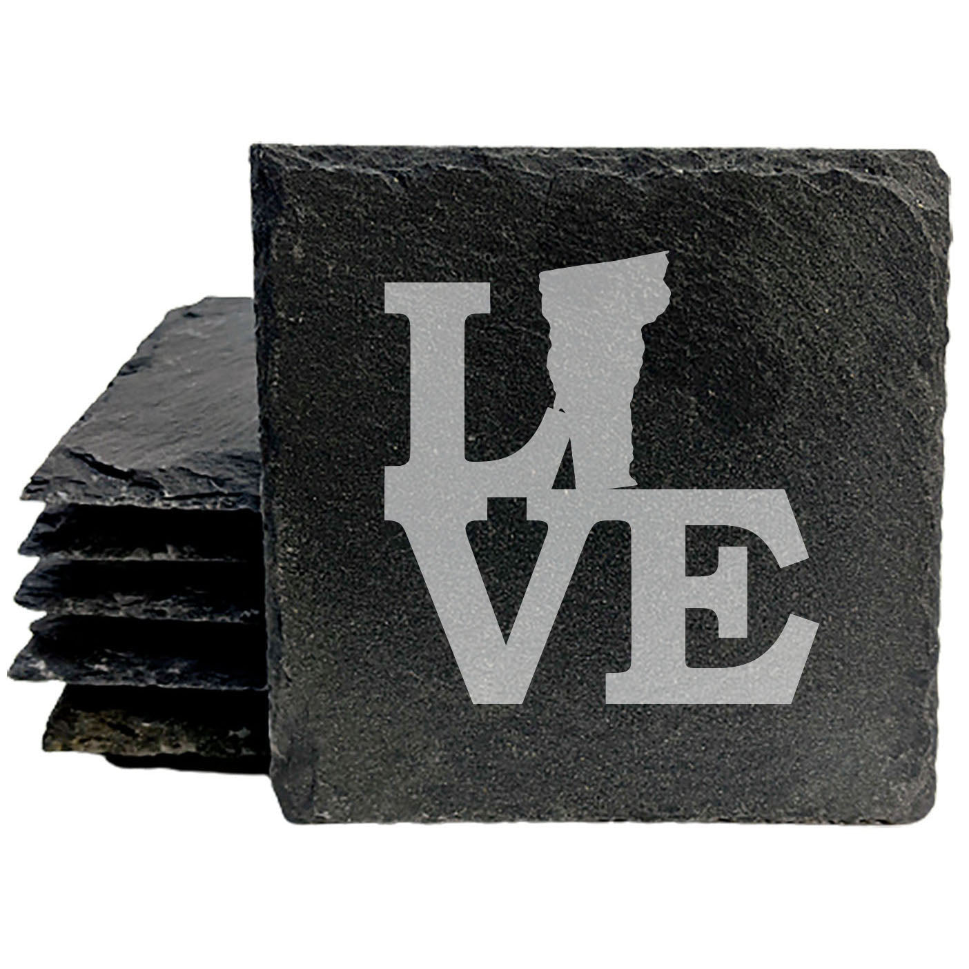 Rustic Slate Coasters Set of 4 - Laser Etched 'LOVE' Vermont Design - Perfect Gift for Holidays, Birthdays, Housewarming - 4" Round, Natural Chipped Edge, Rubber Feet - Made in Oregon, USA