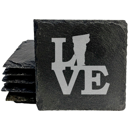 Rustic Slate Coasters Set of 4 - Laser Etched 'LOVE' Vermont Design - Perfect Gift for Holidays, Birthdays, Housewarming - 4" Round, Natural Chipped Edge, Rubber Feet - Made in Oregon, USA