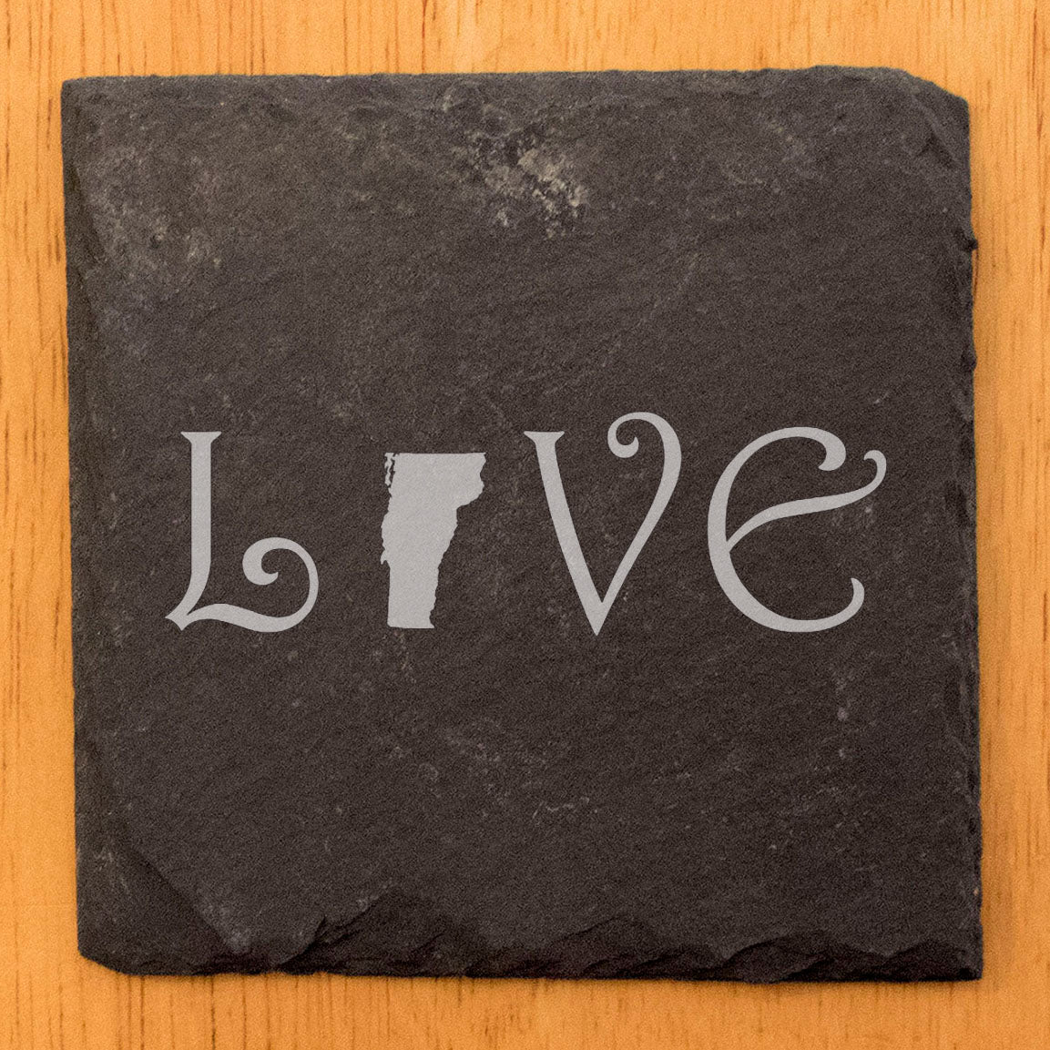Rustic Slate Coasters Set of 4, Laser Etched 'LOVE' Vermont Design, 4" Square, Natural Chipped Edge, Rubber Feet, Perfect Gift for Holidays, Birthdays, Housewarming, Made in Oregon, USA