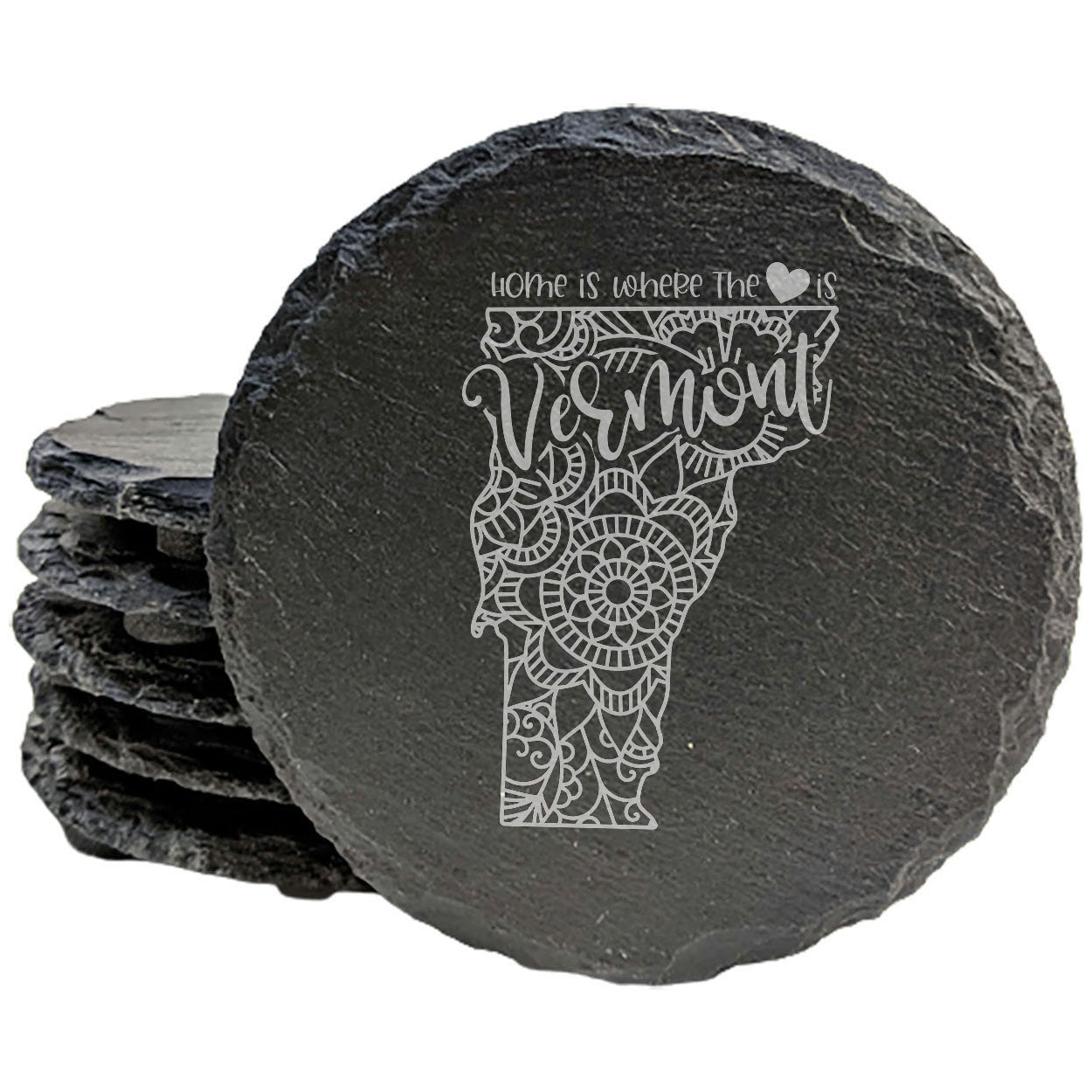 Rustic Slate Coasters Set of 4, Round 4" with Vermont Mandala Design, 'Home is Where the Heart Is' Quote, Perfect Gift for Holidays, Birthdays, Housewarming, Made in Oregon, USA, Small Business