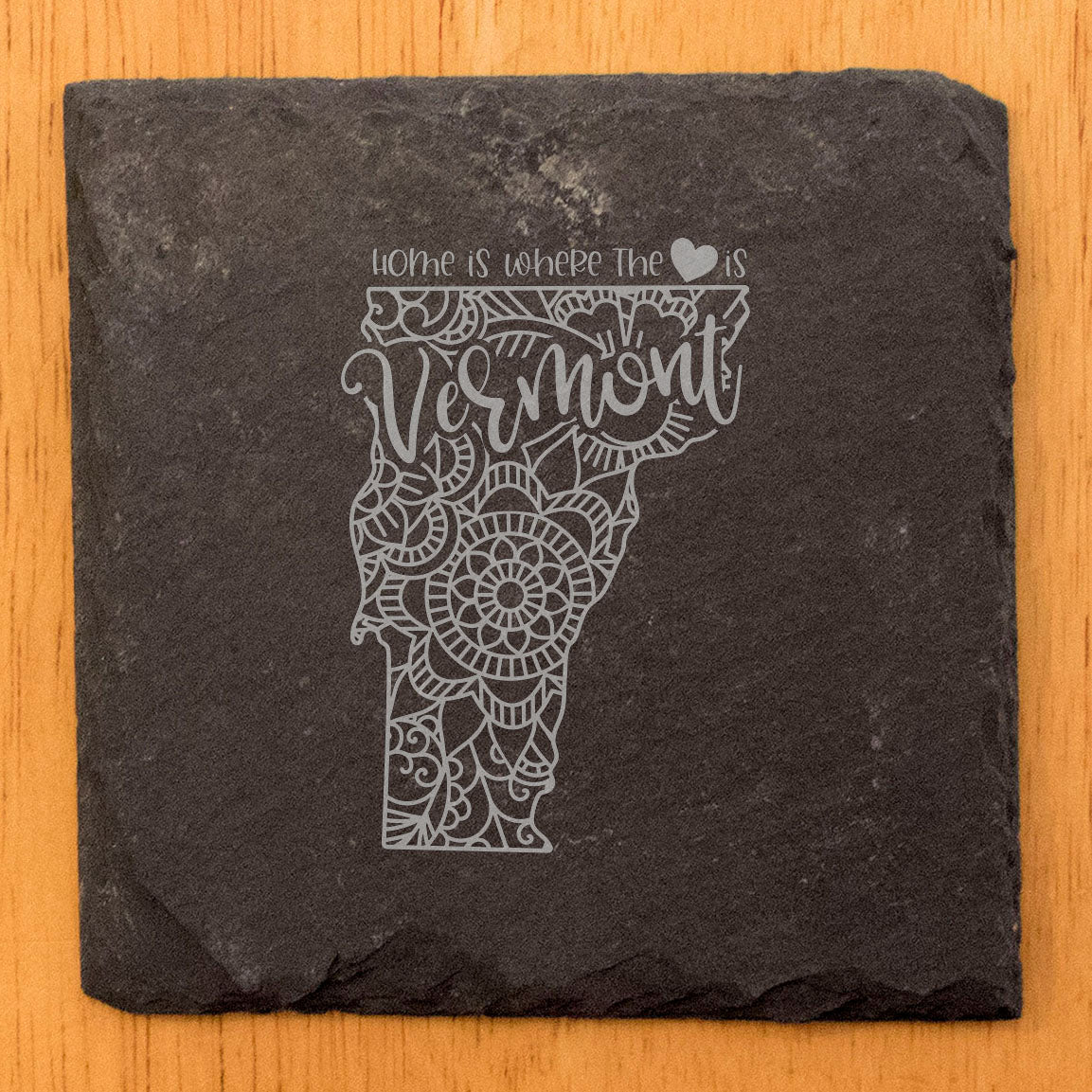 Rustic Slate Coasters Set of 4, Round 4" with Vermont Mandala Design, 'Home is Where the Heart Is' Quote, Perfect Gift for Holidays, Birthdays, Housewarming, Made in Oregon, USA, Small Business