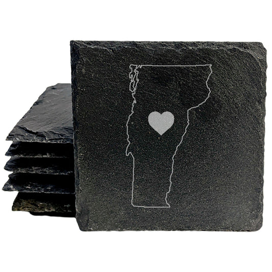 Rustic Slate Coasters Set of 4, Round 4" with Vermont Heart Design, Laser Etched, Natural Chipped Edge, Rubber Feet, , Perfect for She-Shed, Man Cave, Made in Oregon, USA