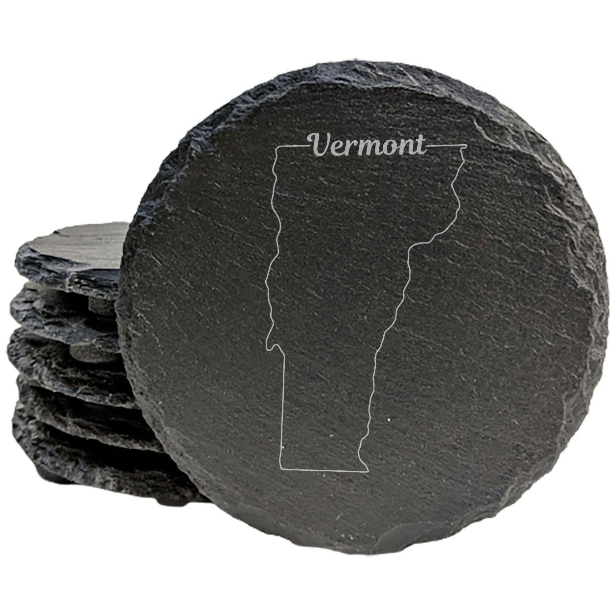 Rustic Slate Coasters Set of 4, Vermont State Design, 4" Round, Laser Etched, Natural Chipped Edge, Rubber Feet, , Perfect for Holidays, Birthdays, Housewarming, Made in Oregon, USA