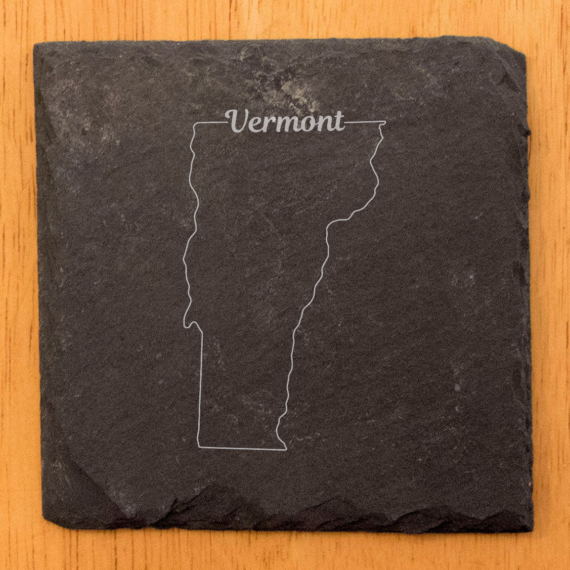Rustic Slate Coasters Set of 4, Vermont State Design, 4" Round, Laser Etched, Natural Chipped Edge, Rubber Feet, , Perfect for Holidays, Birthdays, Housewarming, Made in Oregon, USA