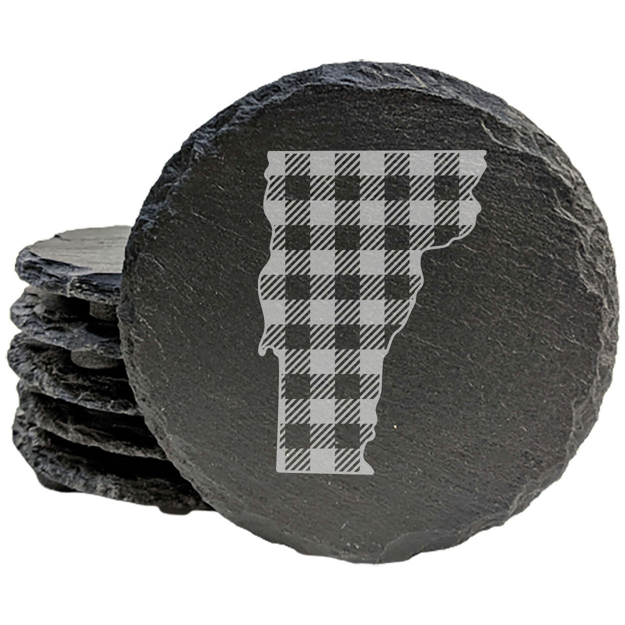 Rustic Slate Coasters Set of 4, Vermont Plaid Design, 4" Round, Natural Chipped Edge, Rubber Feet, , Perfect for Holidays, Birthdays, Housewarming, She-Shed, Man Cave, Made in USA