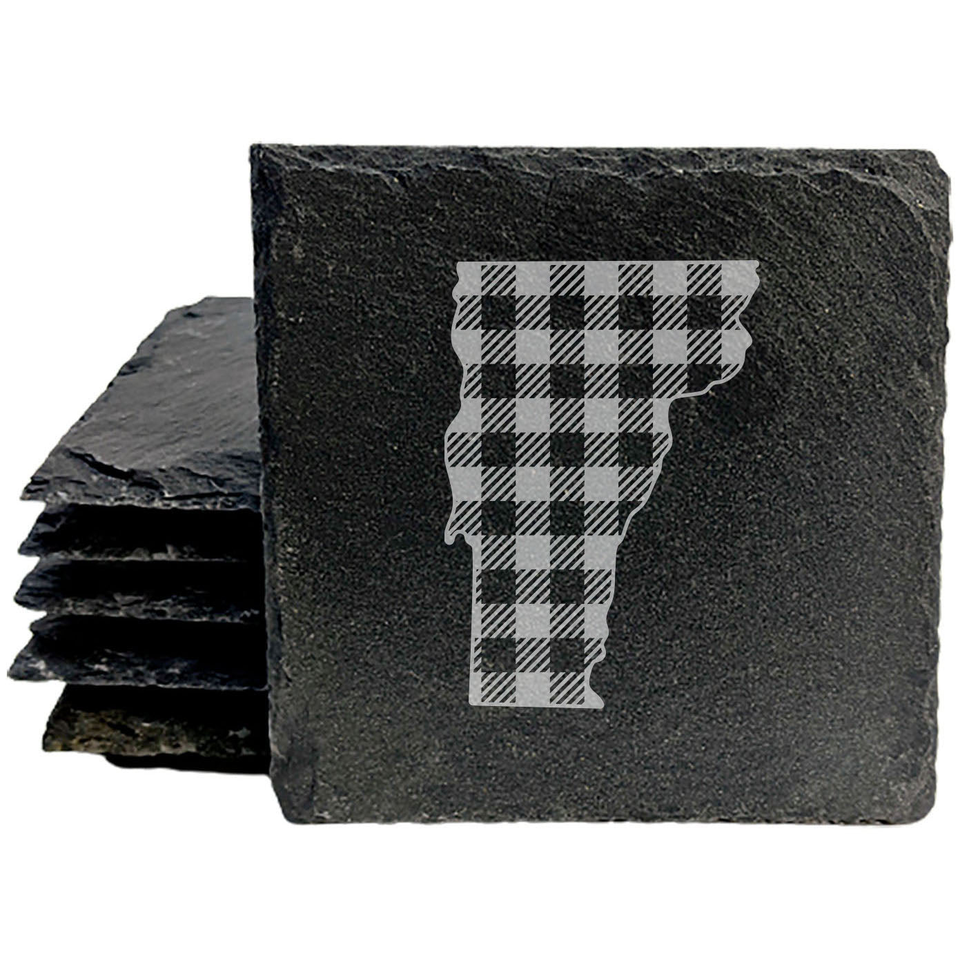 Rustic Slate Coasters Set of 4, Vermont Plaid Design, 4" Round, Natural Chipped Edge, Rubber Feet, , Perfect for Holidays, Birthdays, Housewarming, She-Shed, Man Cave, Made in USA