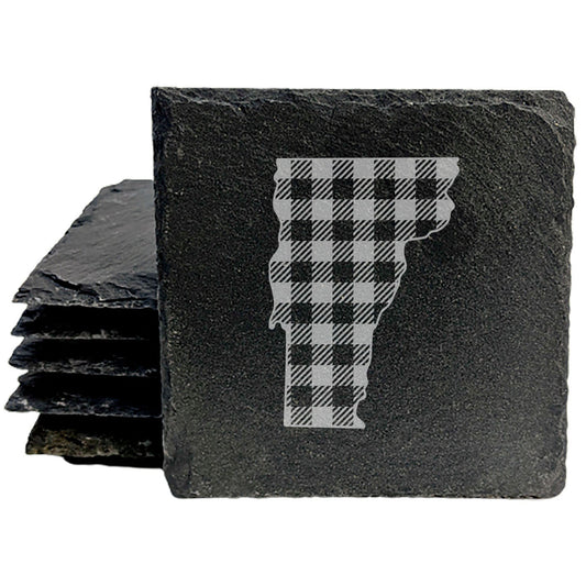 Rustic Slate Coasters Set of 4, Vermont Plaid Design, 4" Round, Natural Chipped Edge, Rubber Feet, , Perfect for Holidays, Birthdays, Housewarming, She-Shed, Man Cave, Made in USA