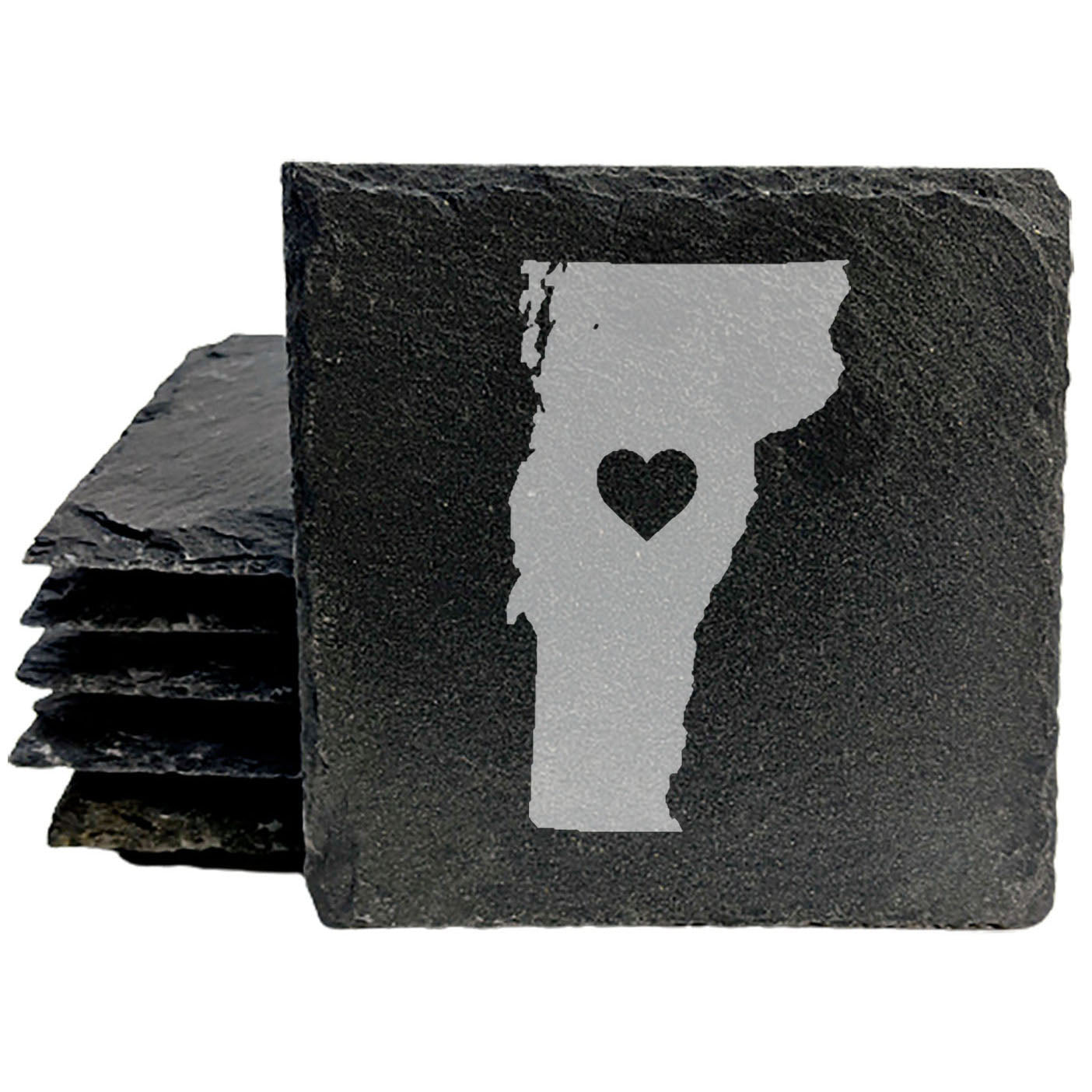 Rustic Slate Coasters Set of 4, Vermont Heart Design, 4" Round, Natural Chipped Edge, Rubber Feet, , Perfect for Holidays, Birthdays, Housewarming, Made in Oregon, USA