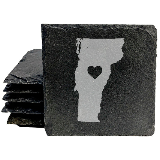 Rustic Slate Coasters Set of 4, Vermont Heart Design, 4" Round, Natural Chipped Edge, Rubber Feet, , Perfect for Holidays, Birthdays, Housewarming, Made in Oregon, USA