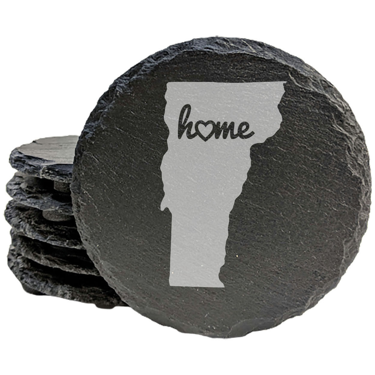 Rustic Slate Coasters Set of 4 - Vermont 'Home' Design, Heart Detail, 4" Round, Natural Chipped Edge, Rubber Feet, , Perfect for Holidays, Birthdays, Housewarming, Made in USA