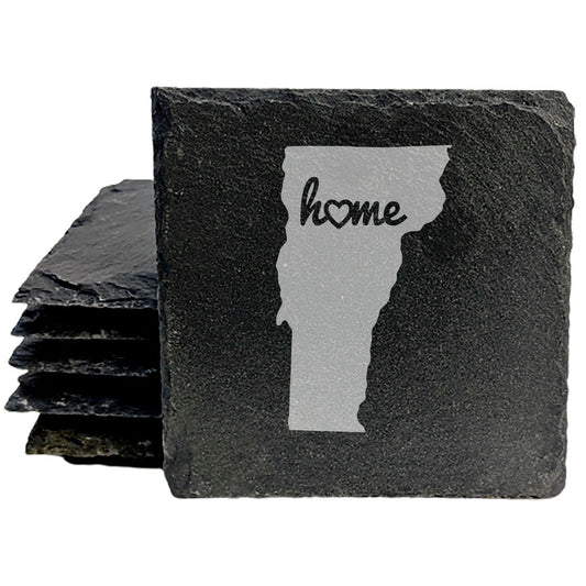 Rustic Slate Coasters Set of 4 - Vermont 'Home' Design, Heart Detail, 4" Round, Natural Chipped Edge, Rubber Feet, , Perfect for Holidays, Birthdays, Housewarming, Made in USA
