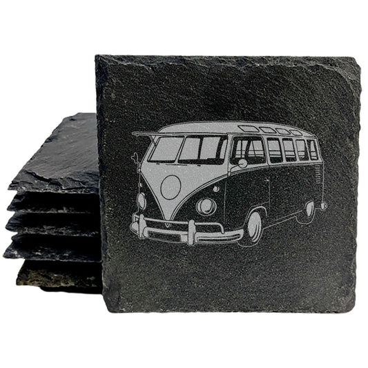 Vintage VW Bus Slate Coasters - Set of 4 | Laser-Etched Retro Volkswagen Drink Mats for Home &amp; Car Enthusiasts!- Round Slate - set of 4